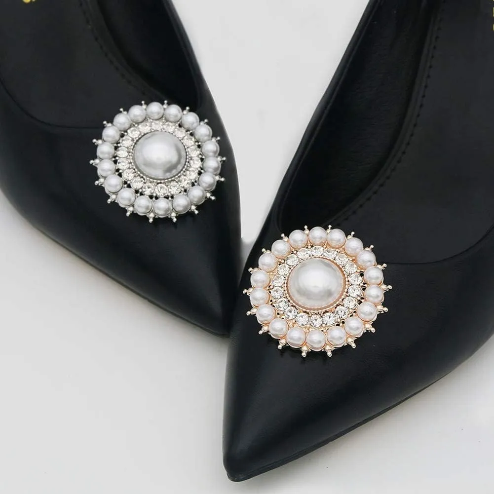 1 Pair Elegant Women's Round Pearls Rhinestones Shoe Clips Crystal Wedding Party Shoes Jewelry Decoration Charms