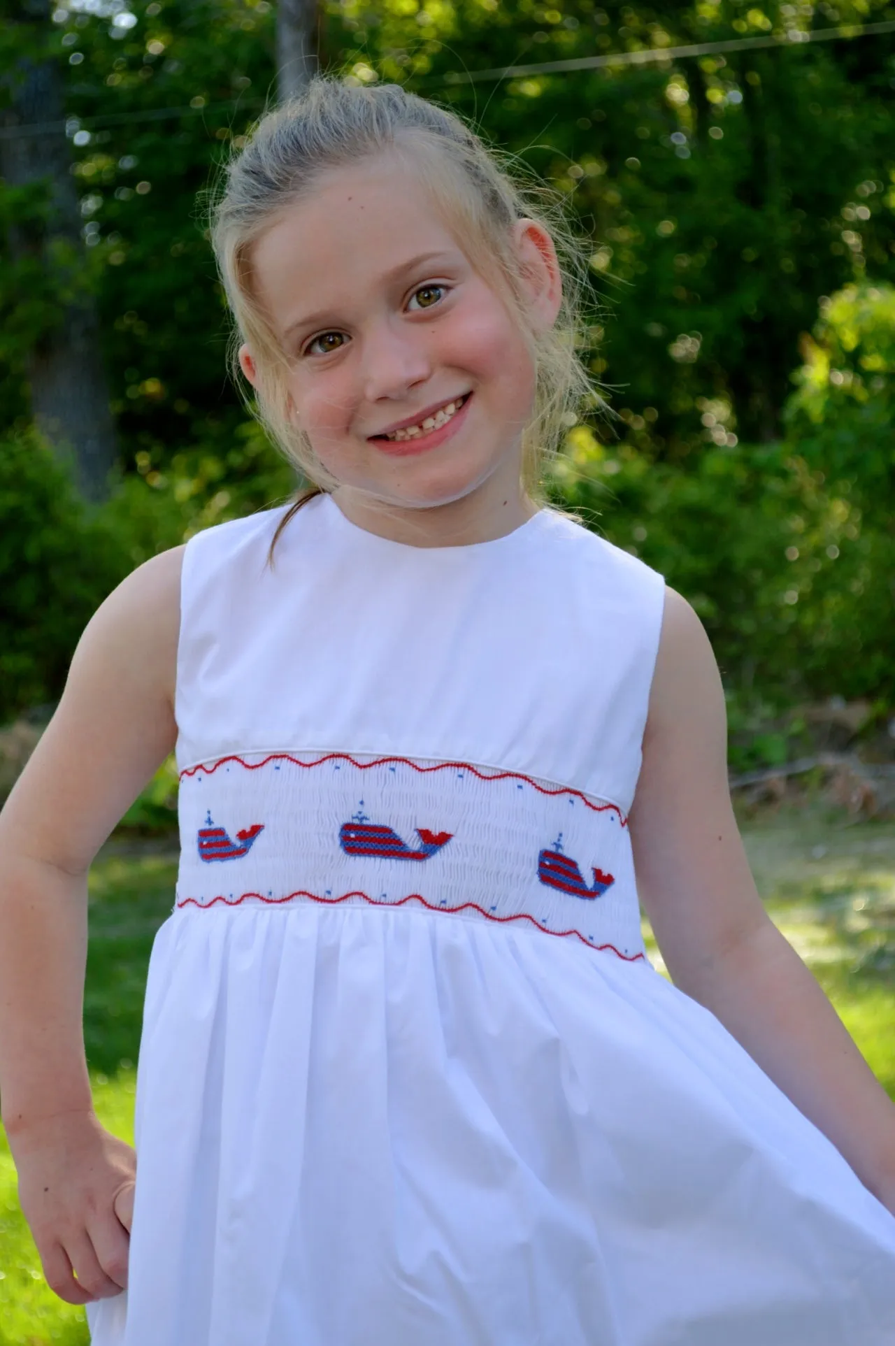 20110T-Smocked Whale of USA White Toddler & Youth Sleeveless Dress