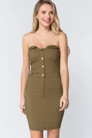 Active USA | Women Strapless Button Down Mini Dress in Light Olive Green