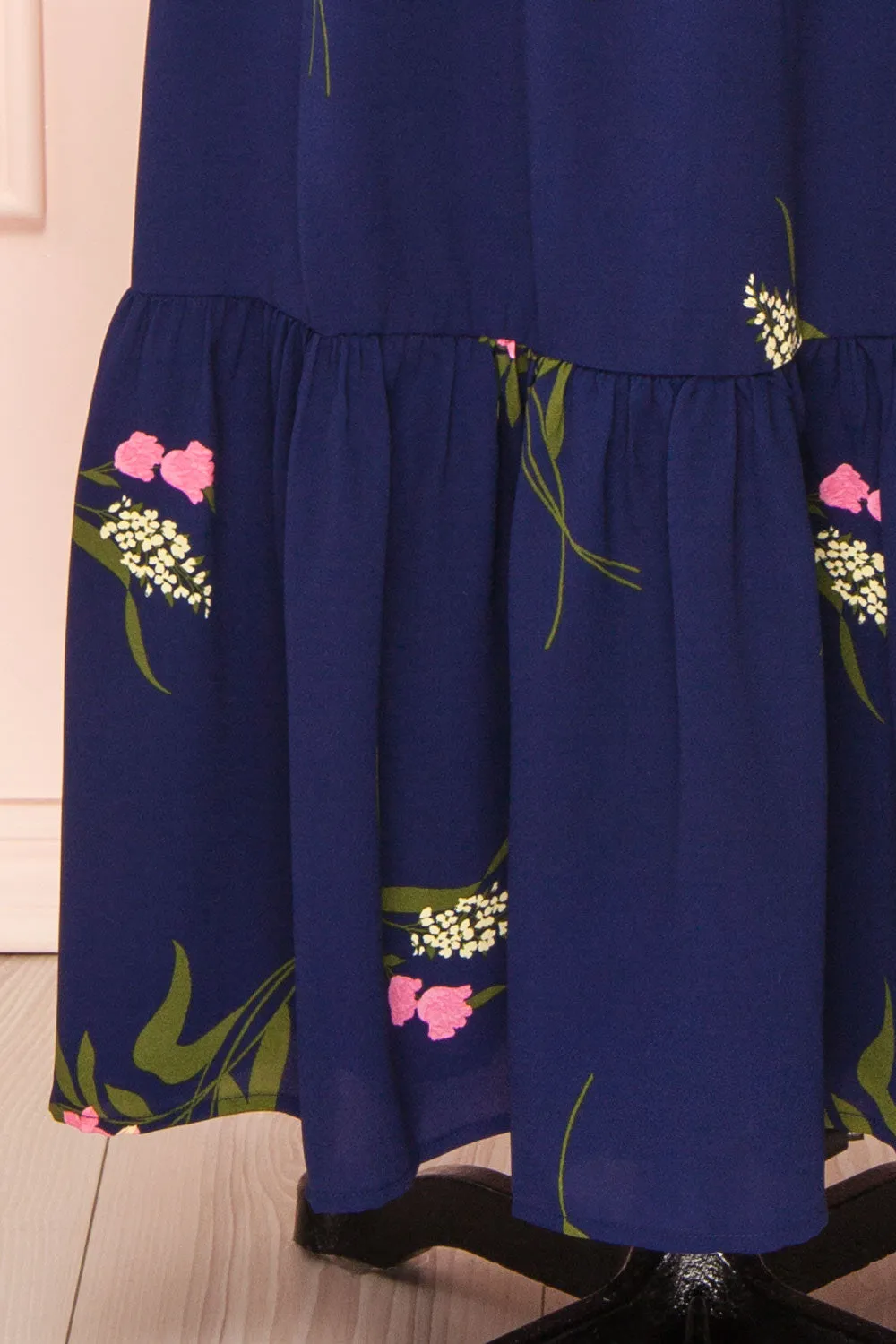 Axelle | Navy Floral Midi Dress w/ Puff Sleeves