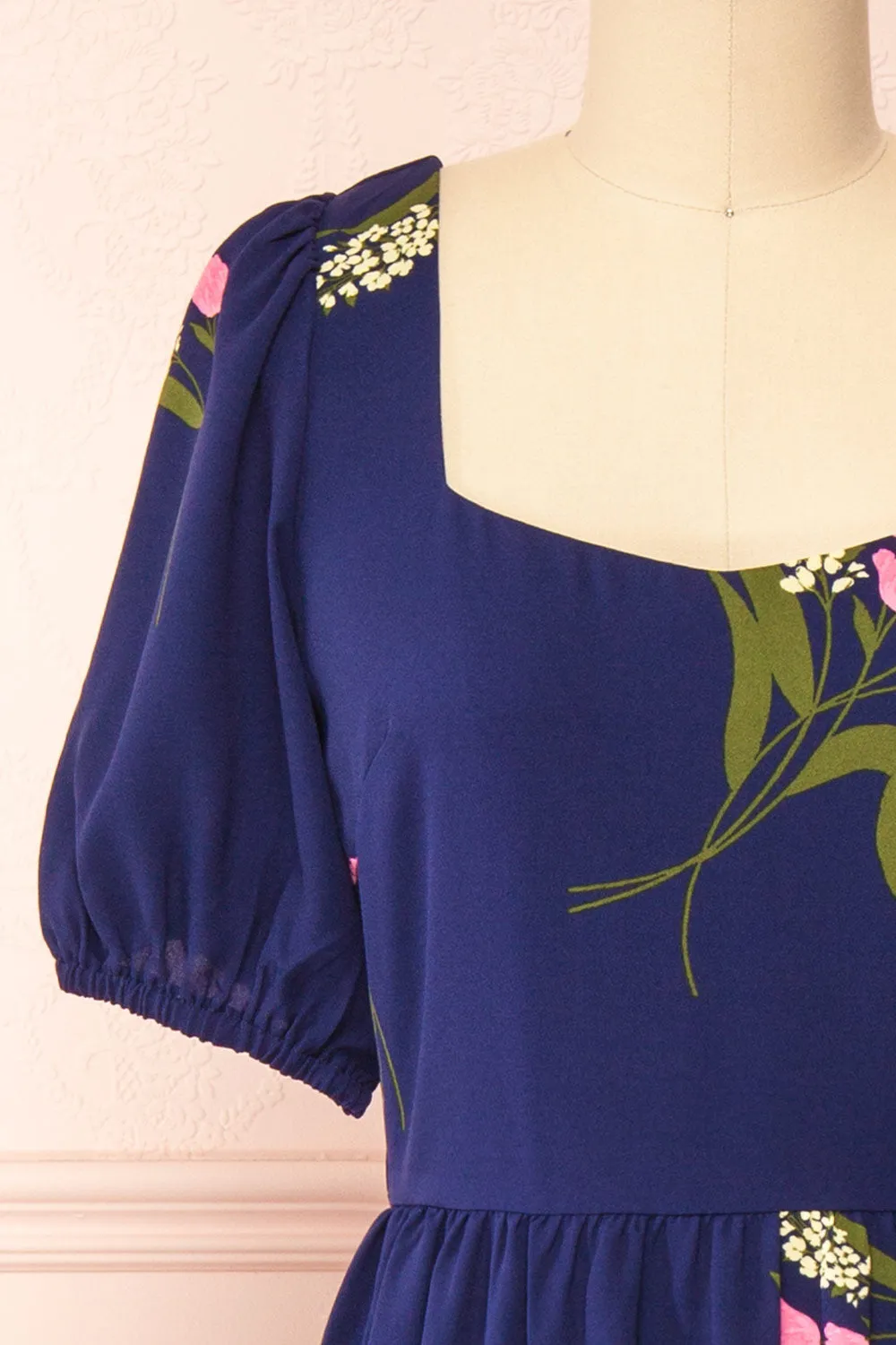 Axelle | Navy Floral Midi Dress w/ Puff Sleeves