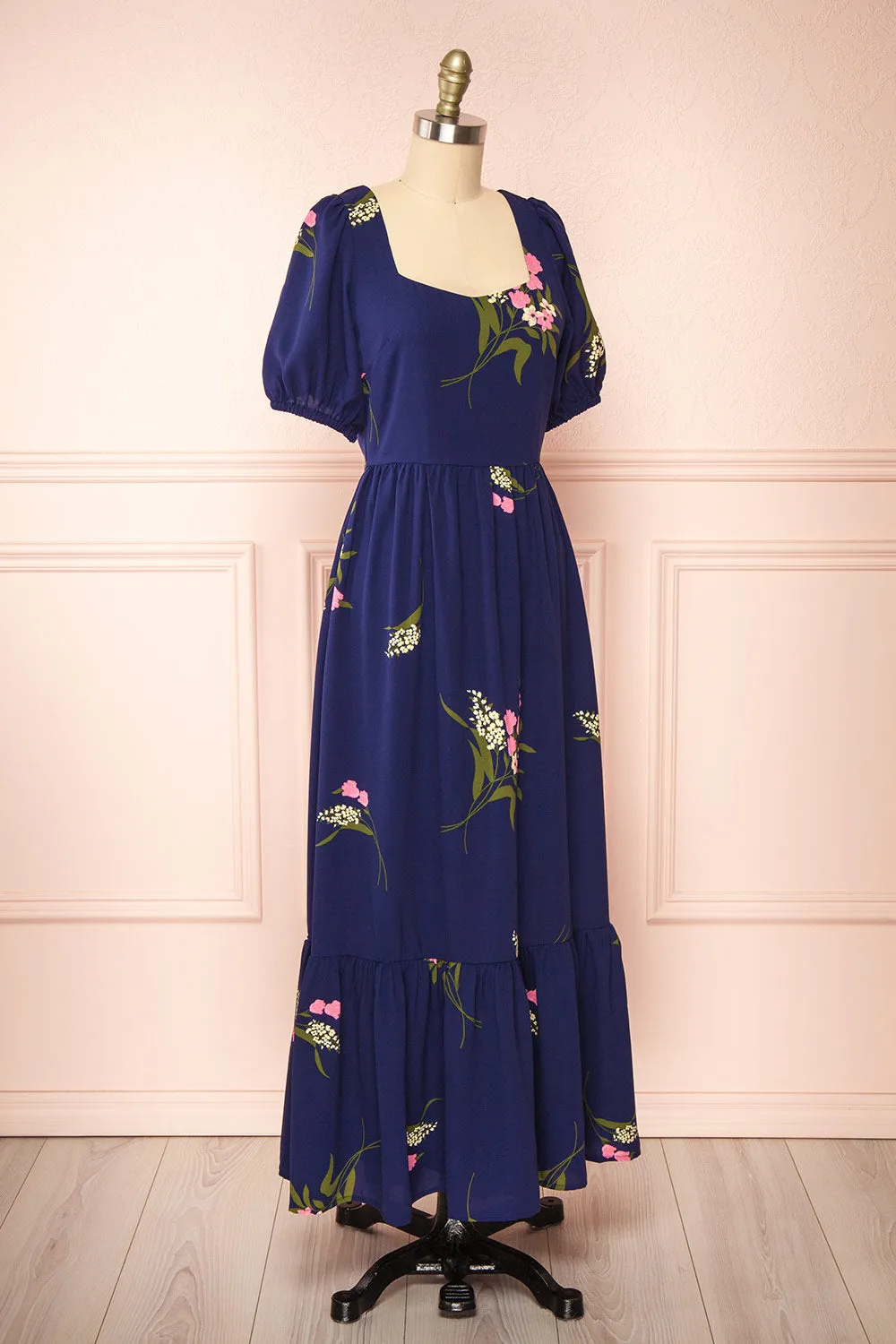 Axelle | Navy Floral Midi Dress w/ Puff Sleeves