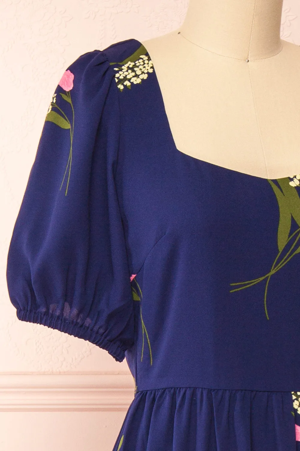 Axelle | Navy Floral Midi Dress w/ Puff Sleeves
