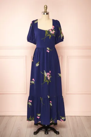 Axelle | Navy Floral Midi Dress w/ Puff Sleeves