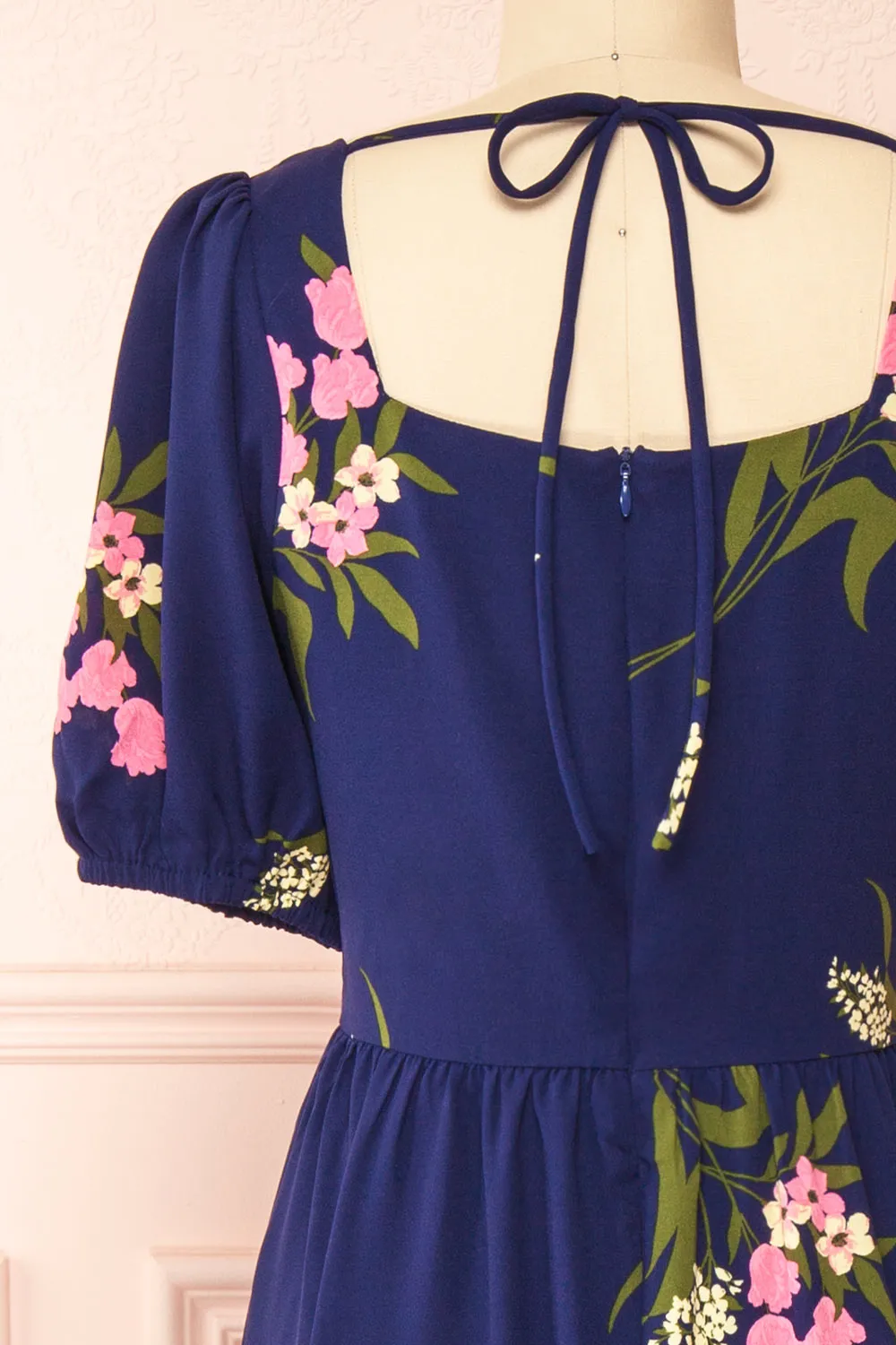 Axelle | Navy Floral Midi Dress w/ Puff Sleeves