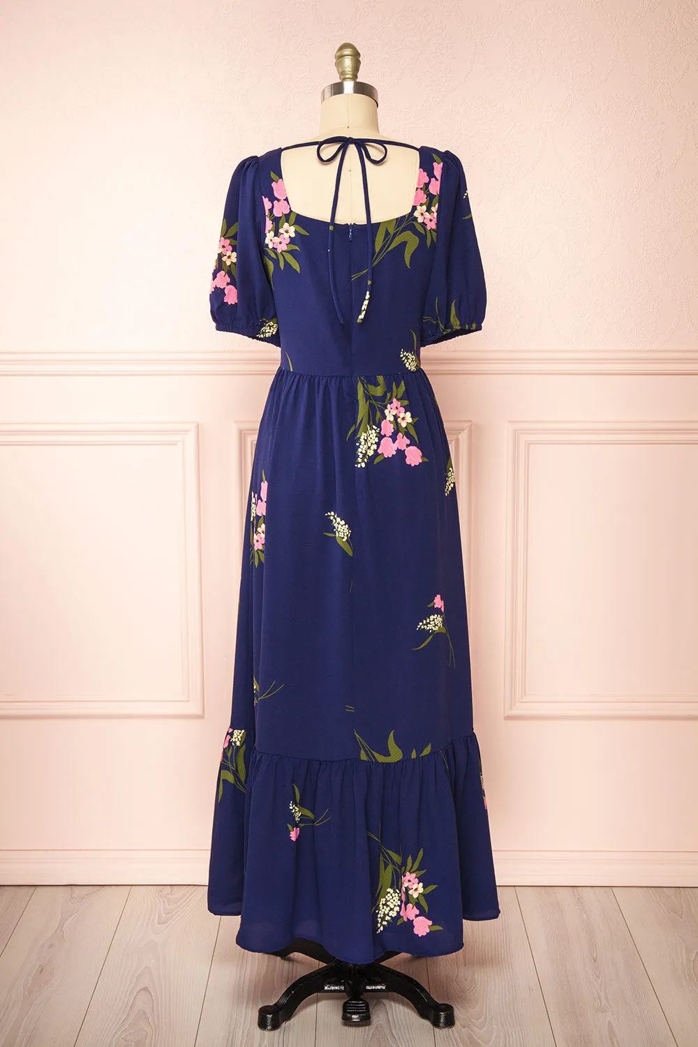 Axelle | Navy Floral Midi Dress w/ Puff Sleeves