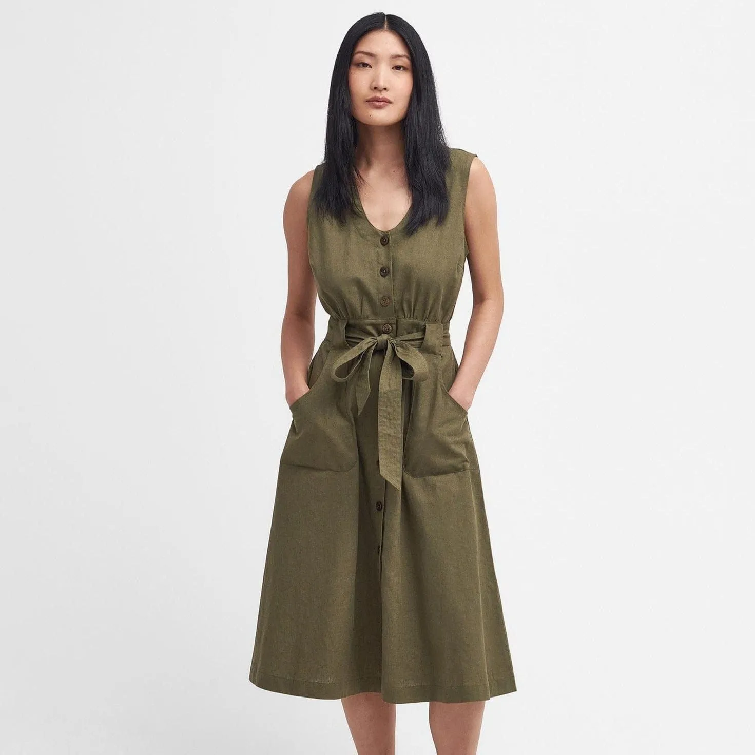 Barbour Rutherglen Sleeveless Midi Dress in Khaki