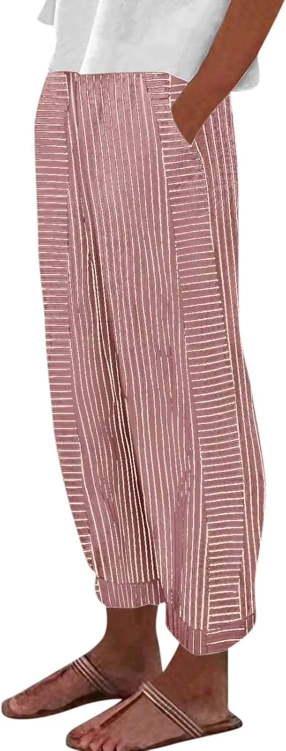 Beach Vacation Clothes for Women Elastic Waist Side Back Four Pockets 9/10 Pants Petite Summer Beachwear