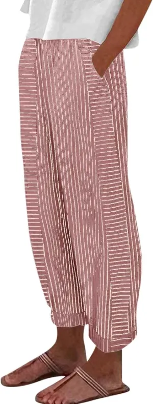 Beach Vacation Clothes for Women Elastic Waist Side Back Four Pockets 9/10 Pants Petite Summer Beachwear