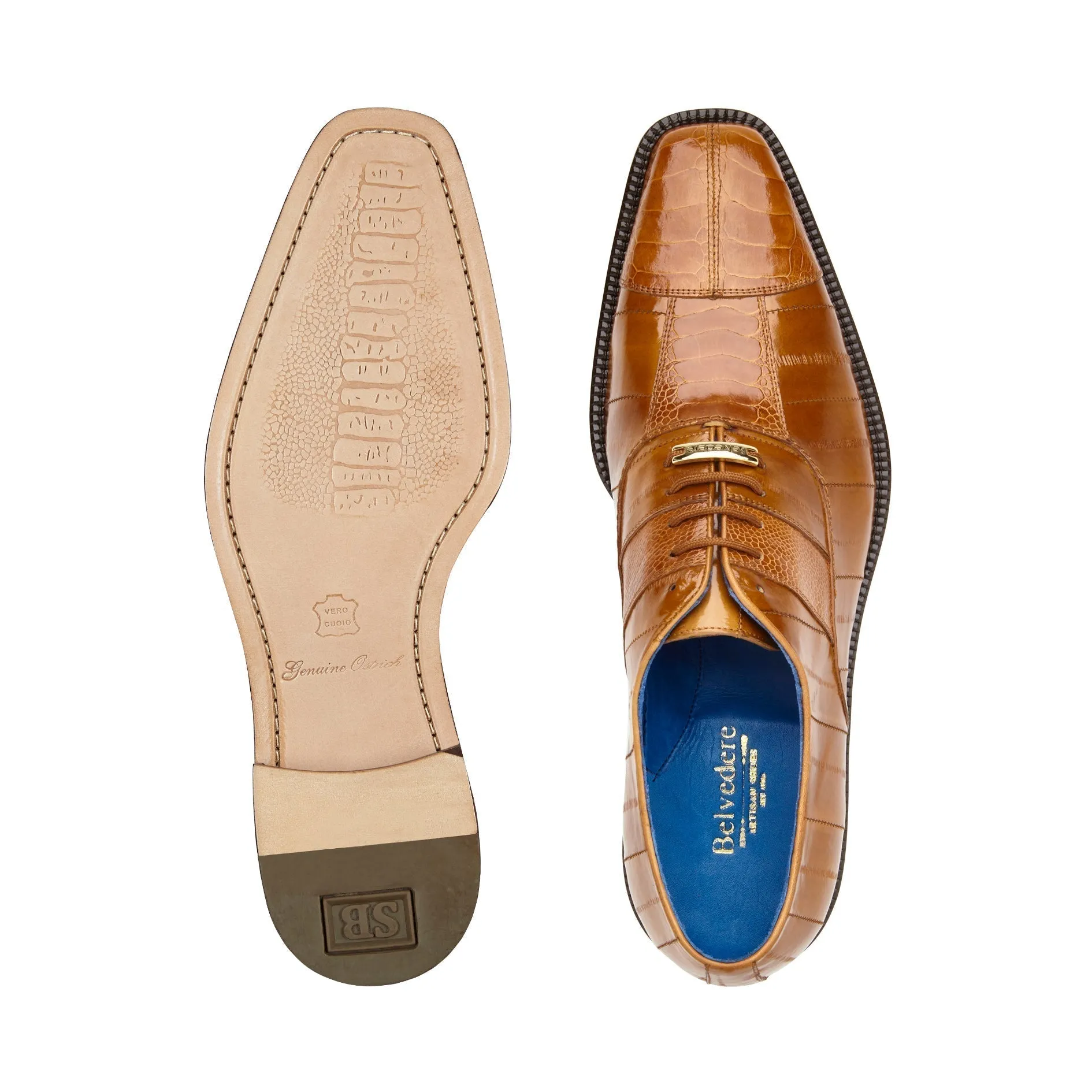 Belvedere Mare 2P7 Shoes Men's Camel Genuine Ostrich & Eel Split-Toe Oxfords (BV2027)