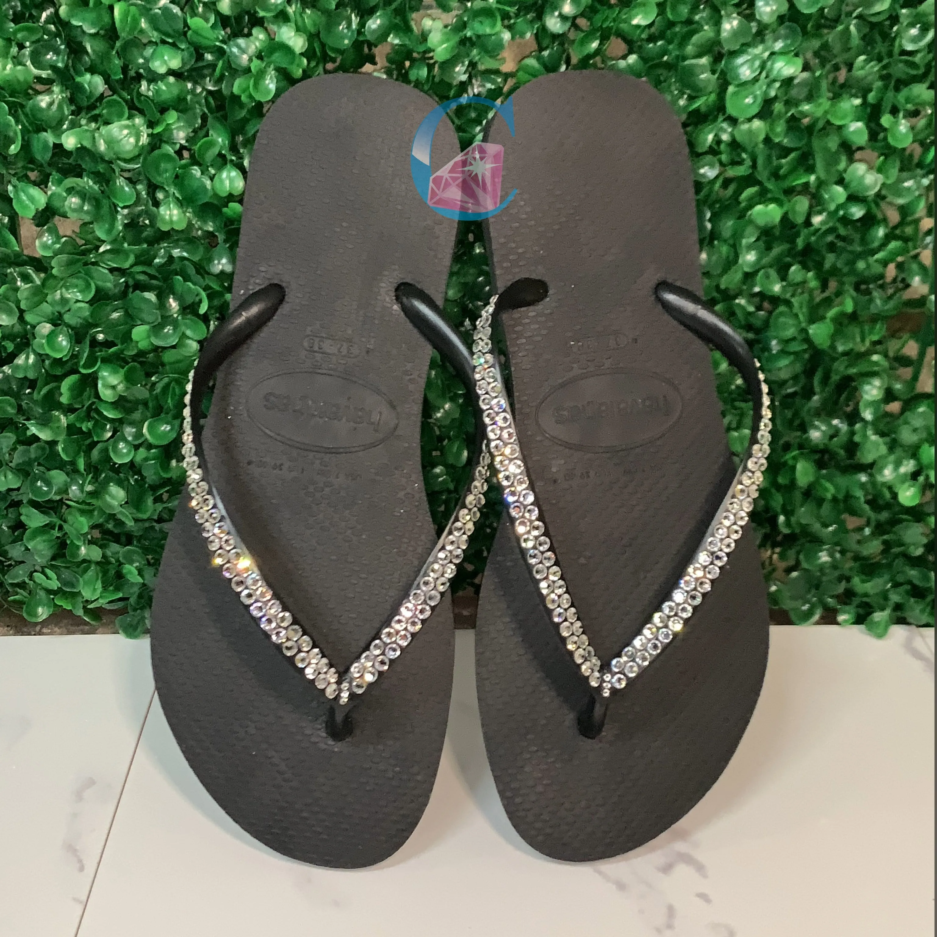 Black Thin Strap Havaianas/Crystal - 2 Rows *