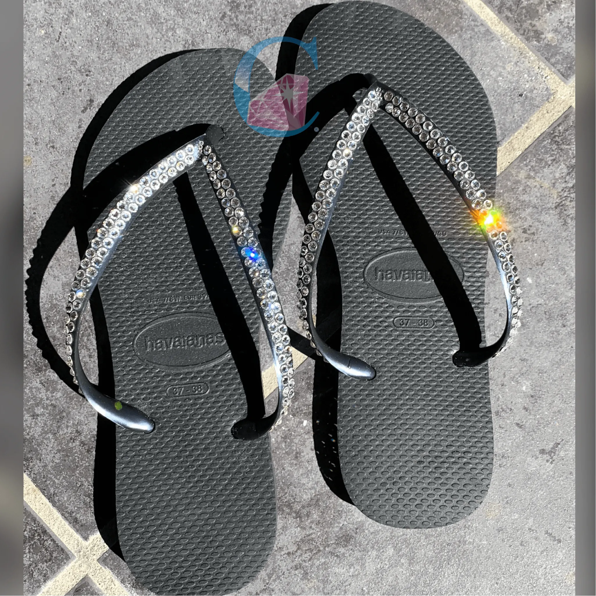 Black Thin Strap Havaianas/Crystal - 2 Rows *