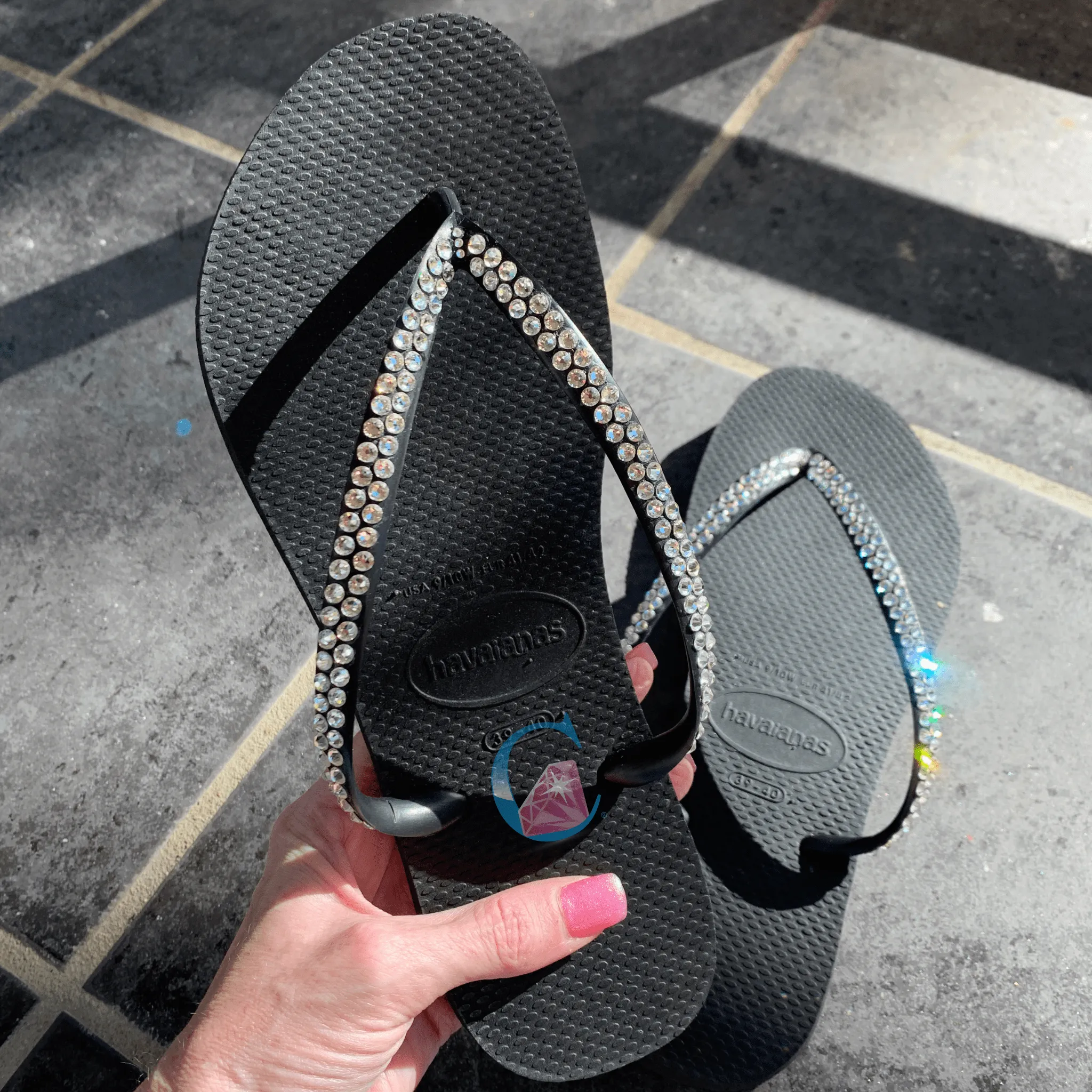Black Thin Strap Havaianas/Crystal - 2 Rows *