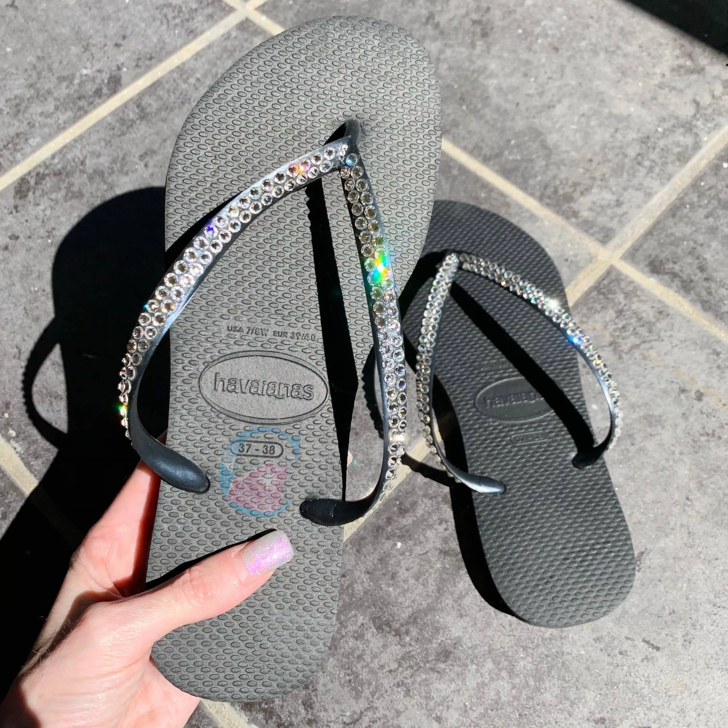 Black Thin Strap Havaianas/Crystal - 2 Rows *