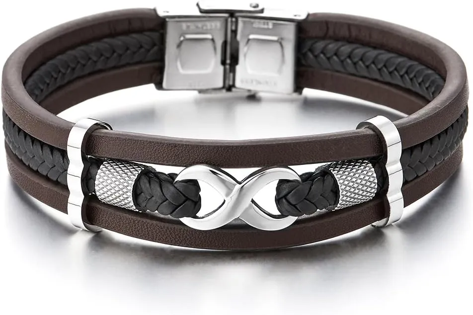 COOLSTEELANDBEYOND Three-Row Infinity Love Number 8 Friendship Braided Leather Bangle Wristband Bracelet