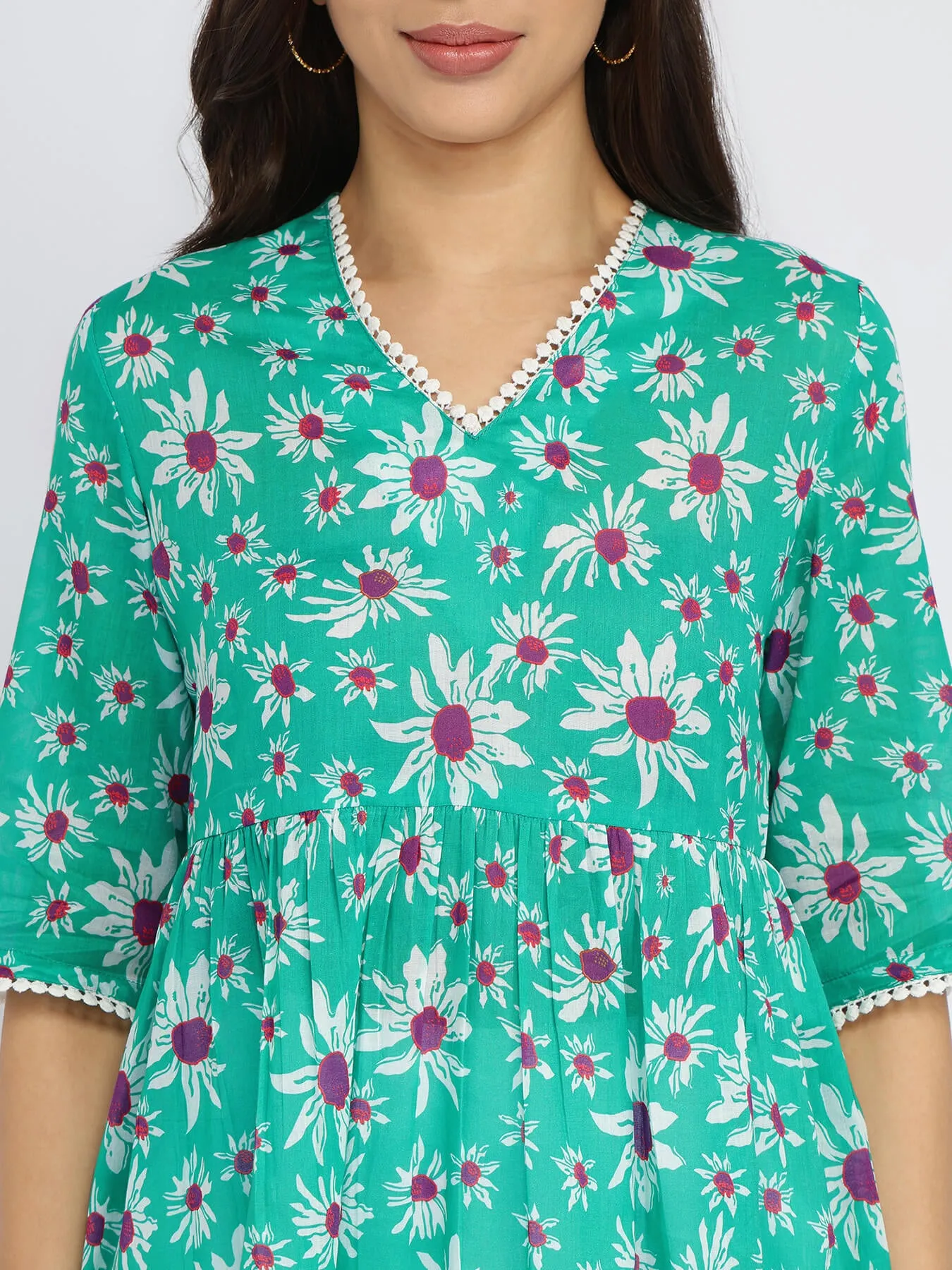Cotton Floral A-Line Top - Green