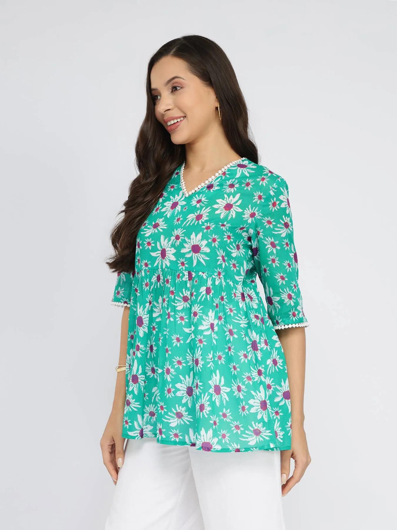 Cotton Floral A-Line Top - Green