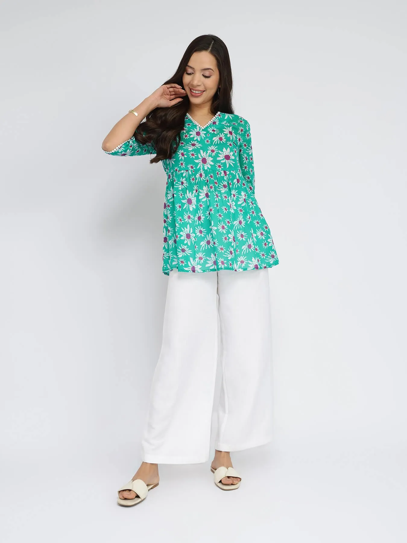 Cotton Floral A-Line Top - Green