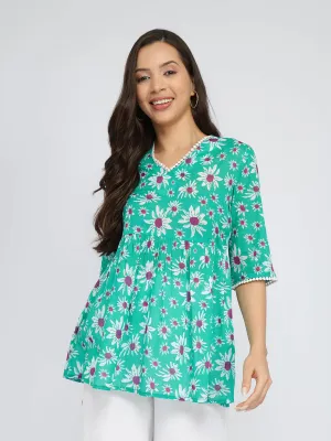 Cotton Floral A-Line Top - Green