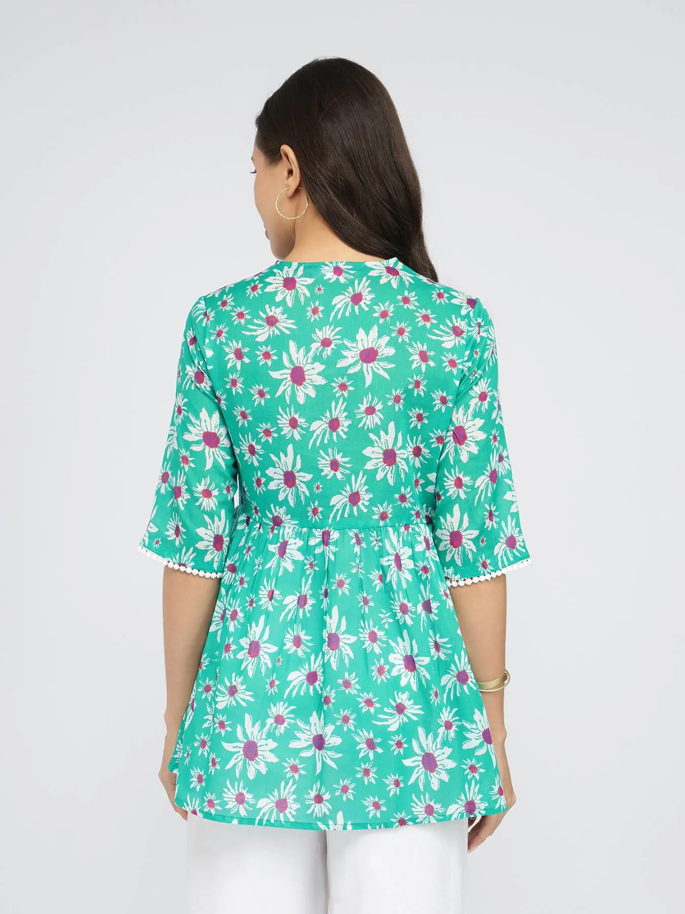Cotton Floral A-Line Top - Green