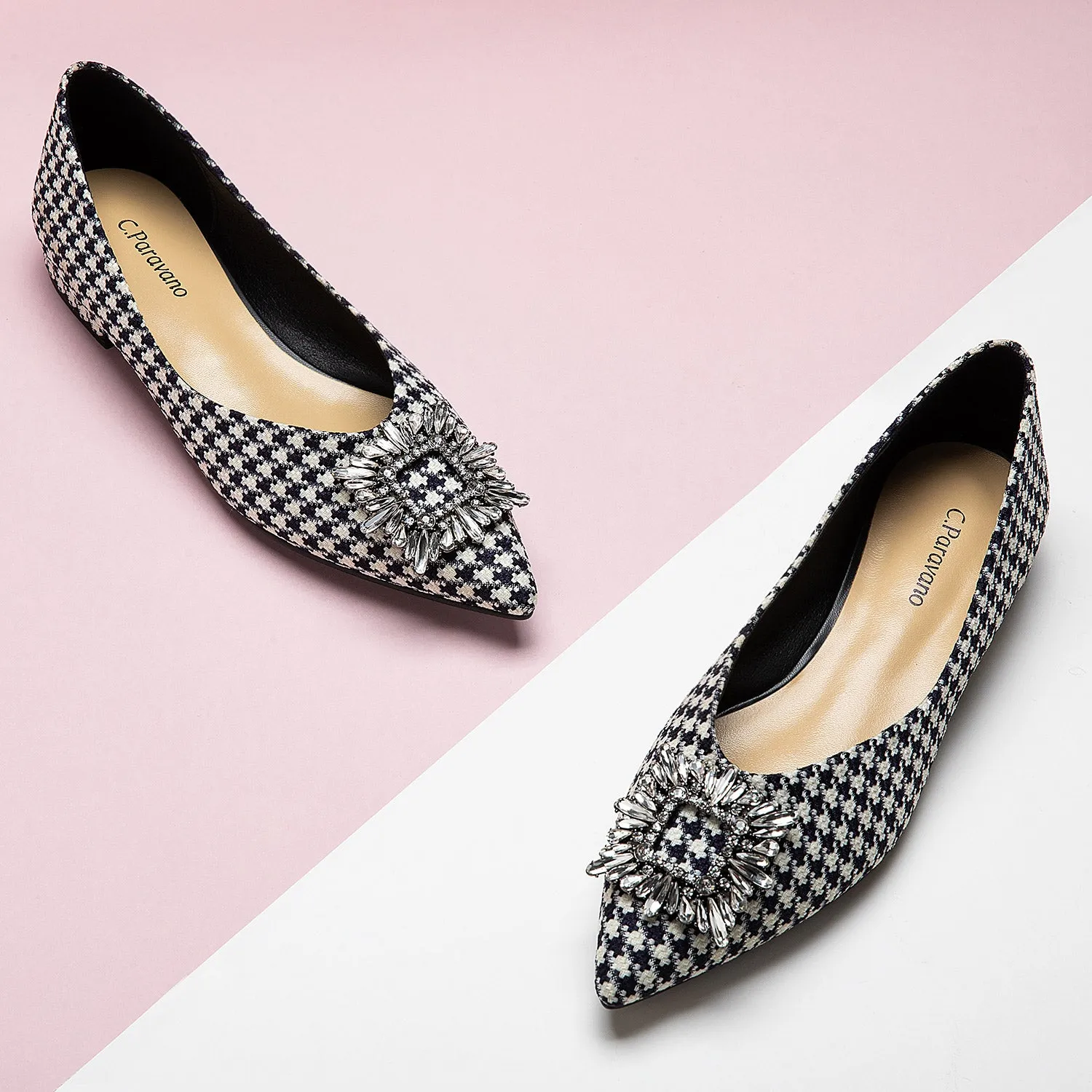 Crystal Buckle Tweed Flats (Aida) Houndstooth