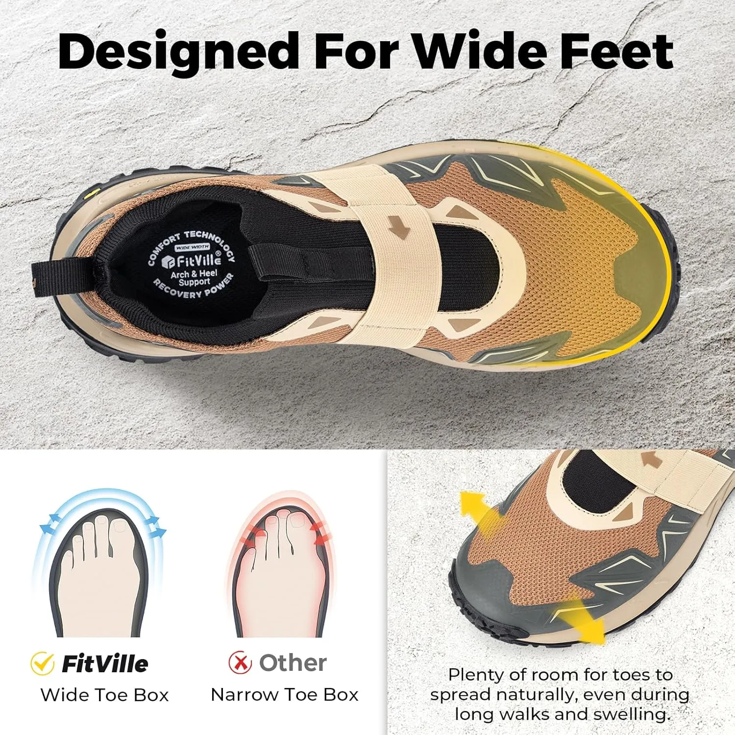 FitVille Men's Extra Wide Slip On Shoes Comfortable Orthopedic Hiking Sneakers with Arch Support Slip Resistant Trekking Walking Shoes for Travel Camping
