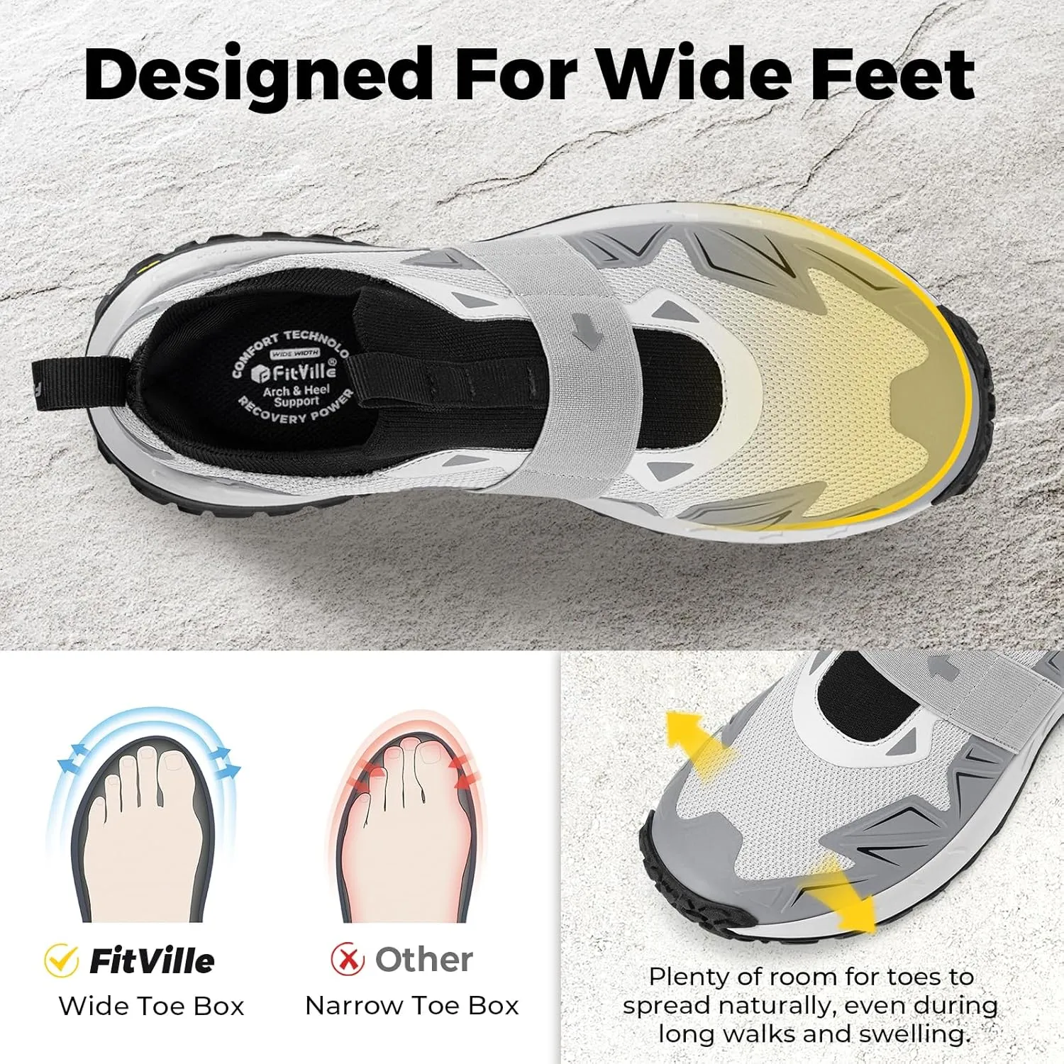 FitVille Men's Extra Wide Slip On Shoes Comfortable Orthopedic Hiking Sneakers with Arch Support Slip Resistant Trekking Walking Shoes for Travel Camping