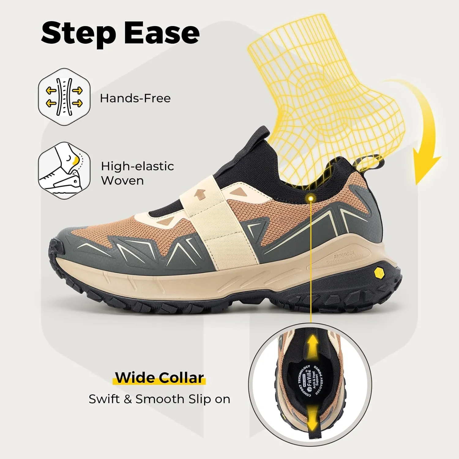 FitVille Men's Extra Wide Slip On Shoes Comfortable Orthopedic Hiking Sneakers with Arch Support Slip Resistant Trekking Walking Shoes for Travel Camping