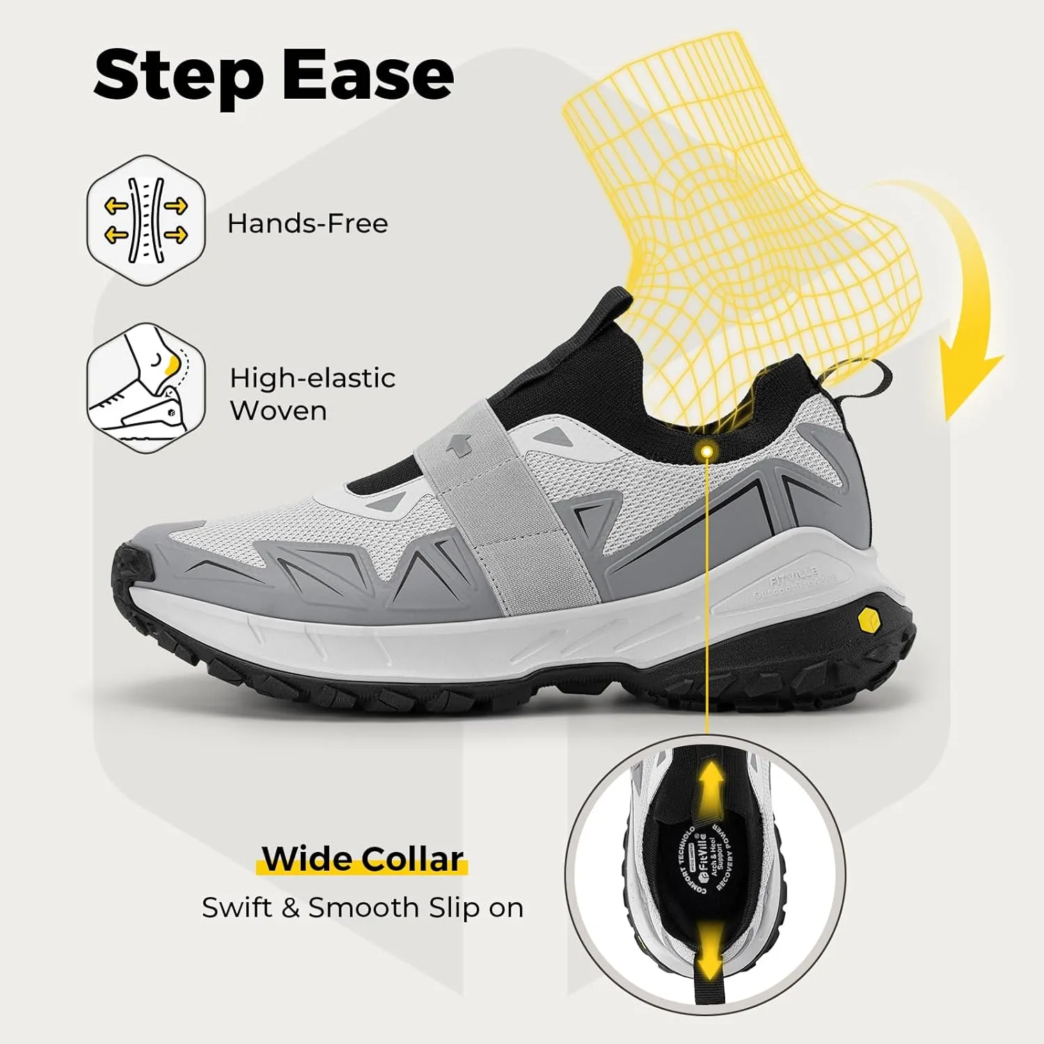 FitVille Men's Extra Wide Slip On Shoes Comfortable Orthopedic Hiking Sneakers with Arch Support Slip Resistant Trekking Walking Shoes for Travel Camping