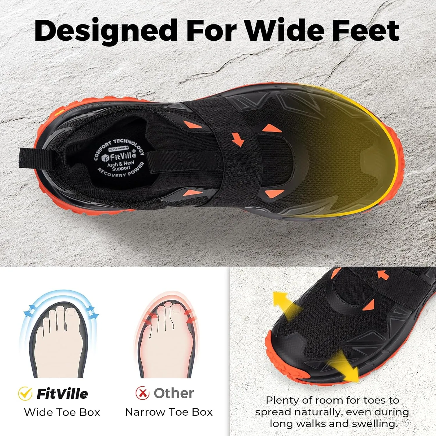 FitVille Men's Extra Wide Slip On Shoes Comfortable Orthopedic Hiking Sneakers with Arch Support Slip Resistant Trekking Walking Shoes for Travel Camping
