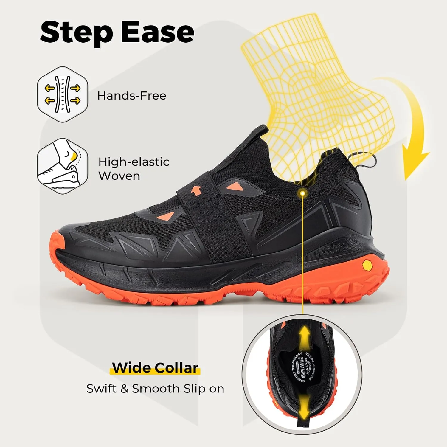 FitVille Men's Extra Wide Slip On Shoes Comfortable Orthopedic Hiking Sneakers with Arch Support Slip Resistant Trekking Walking Shoes for Travel Camping