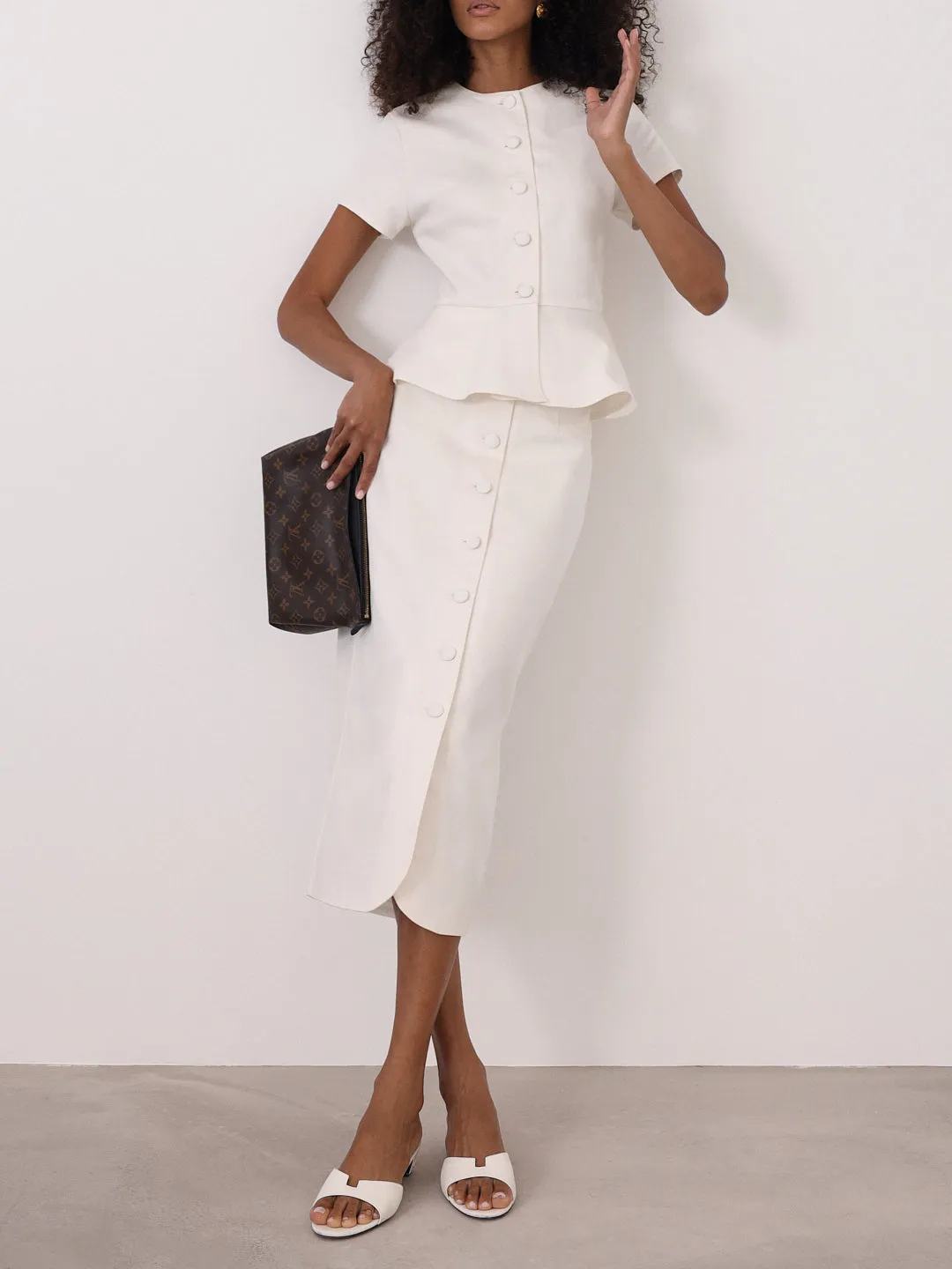 Hera Denim Button Pencil Skirt | White