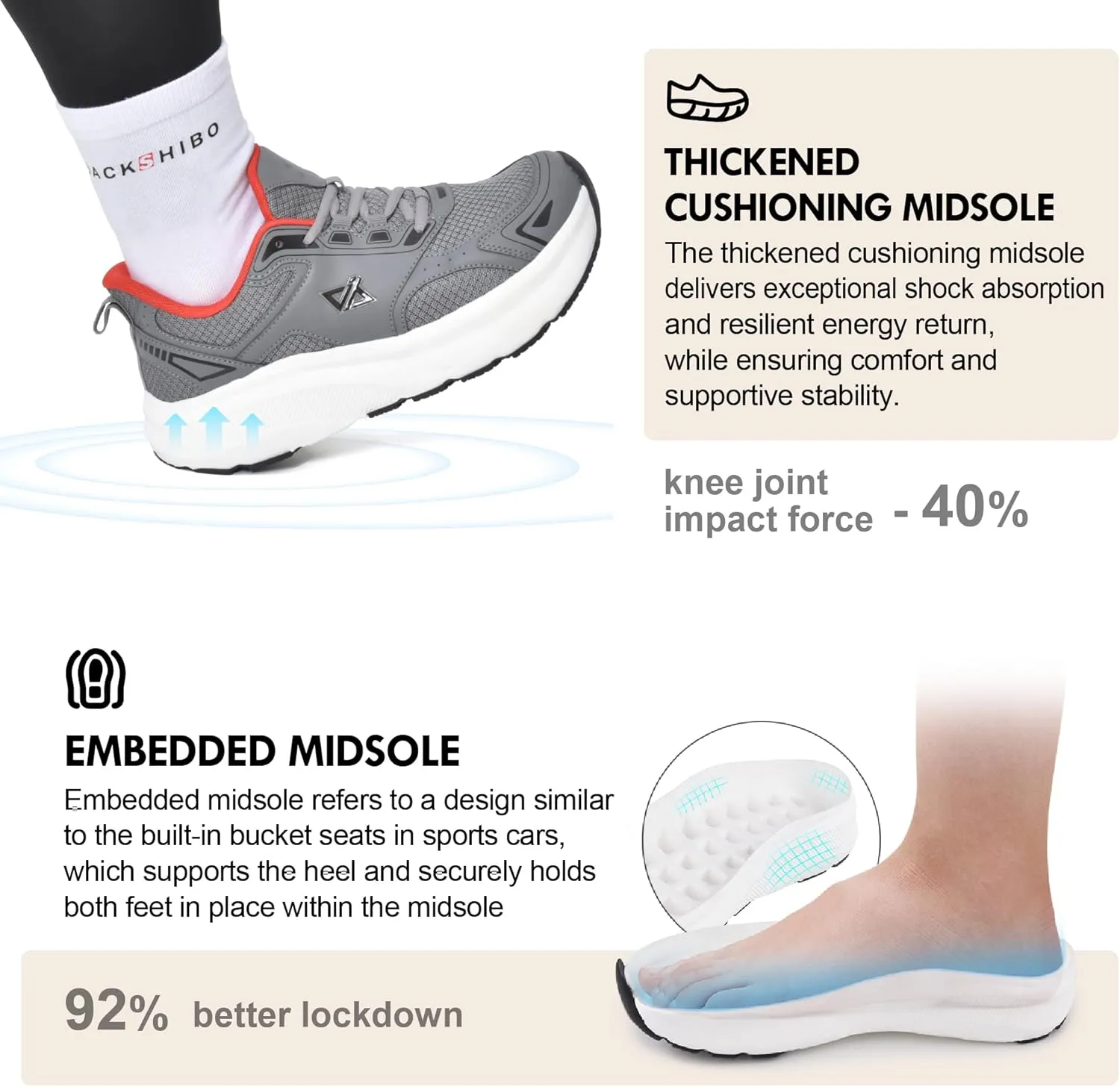 JACKSHIBO Mens Wide Toe Box Slip in Hands Free Shoes,Slip on Arch Support Wide Sneakers,Thick Cushioning Stability Running Shoes,Orthopedic Walking Sneakers with Zero Drop Sole