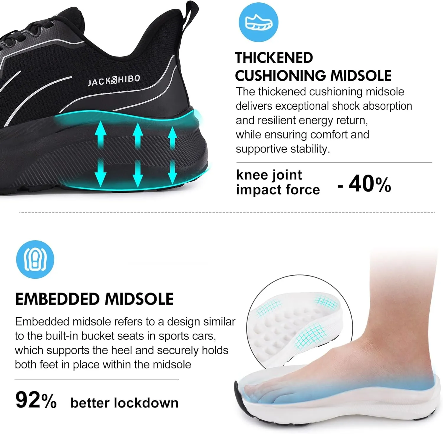 JACKSHIBO Slip in Men Hands Free Wide Toe Box Shoes Slip on Arch Support Wide Sneakers for Running Walking Tennis Athletic Plantar Fasciitis Orthopedic Shoe Zero Drop Cushion Thick Sole Width Shoes