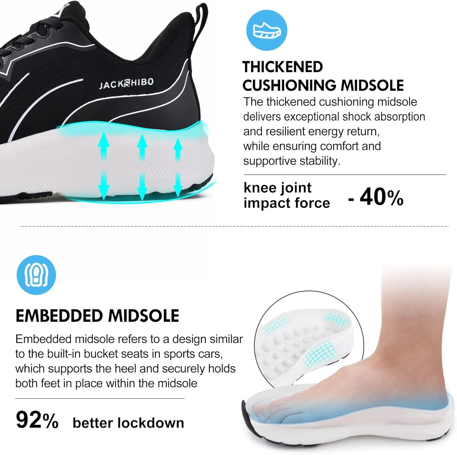 JACKSHIBO Slip in Men Hands Free Wide Toe Box Shoes Slip on Arch Support Wide Sneakers for Running Walking Tennis Athletic Plantar Fasciitis Orthopedic Shoe Zero Drop Cushion Thick Sole Width Shoes