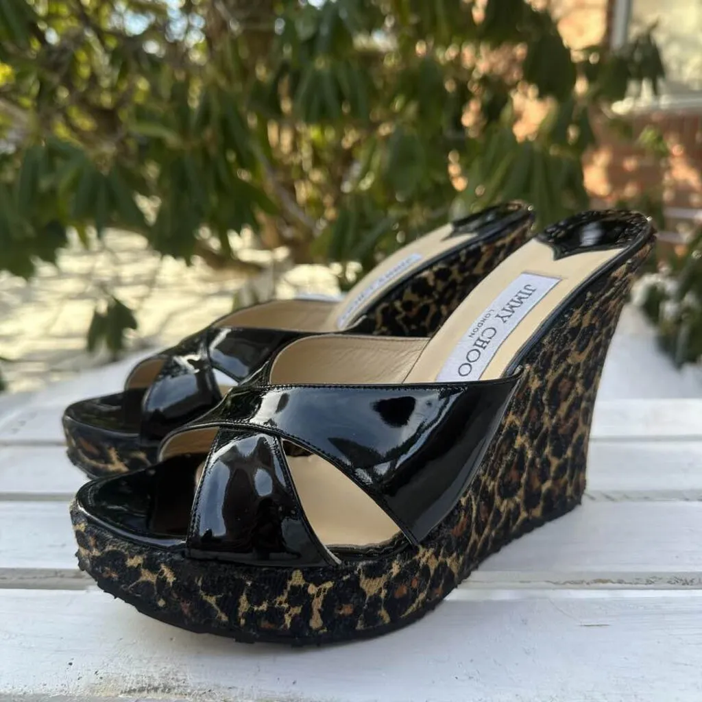 Jimmy Choo Phyllis Patent Leather Slide Wedge Sandals - Size 40