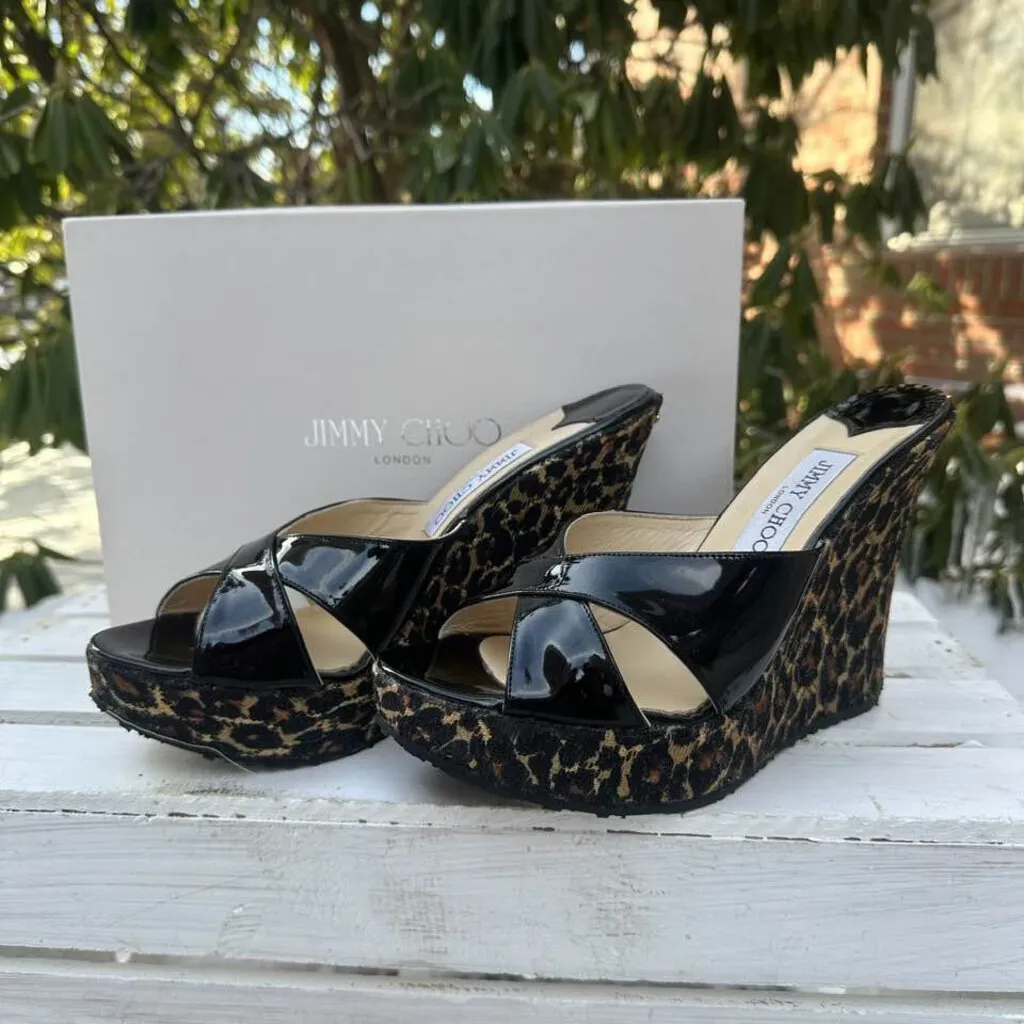Jimmy Choo Phyllis Patent Leather Slide Wedge Sandals - Size 40
