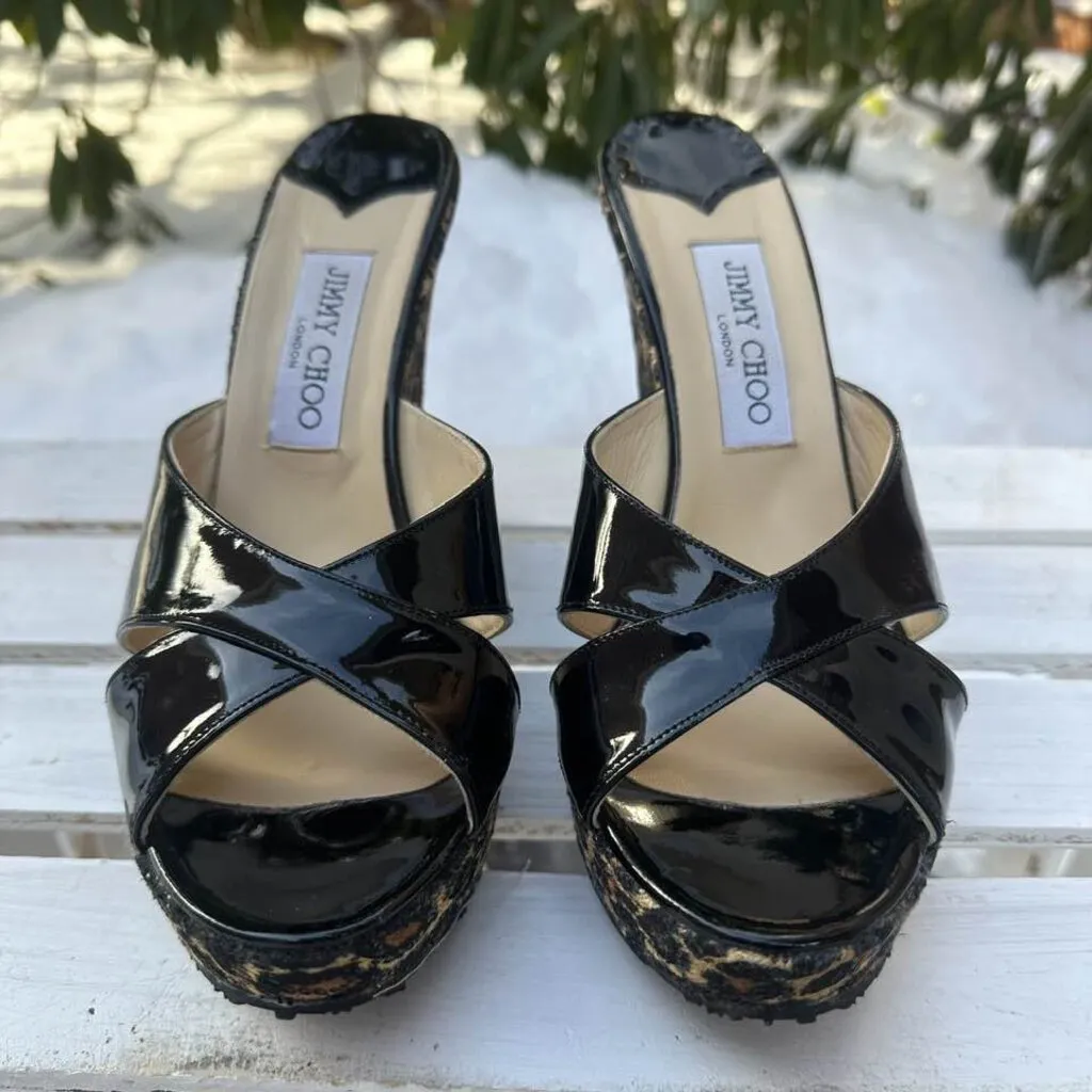 Jimmy Choo Phyllis Patent Leather Slide Wedge Sandals - Size 40