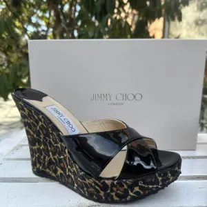Jimmy Choo Phyllis Patent Leather Slide Wedge Sandals - Size 40
