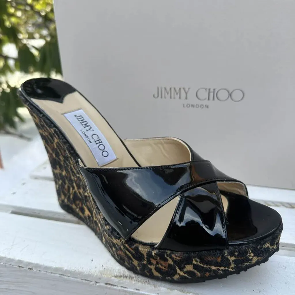 Jimmy Choo Phyllis Patent Leather Slide Wedge Sandals - Size 40