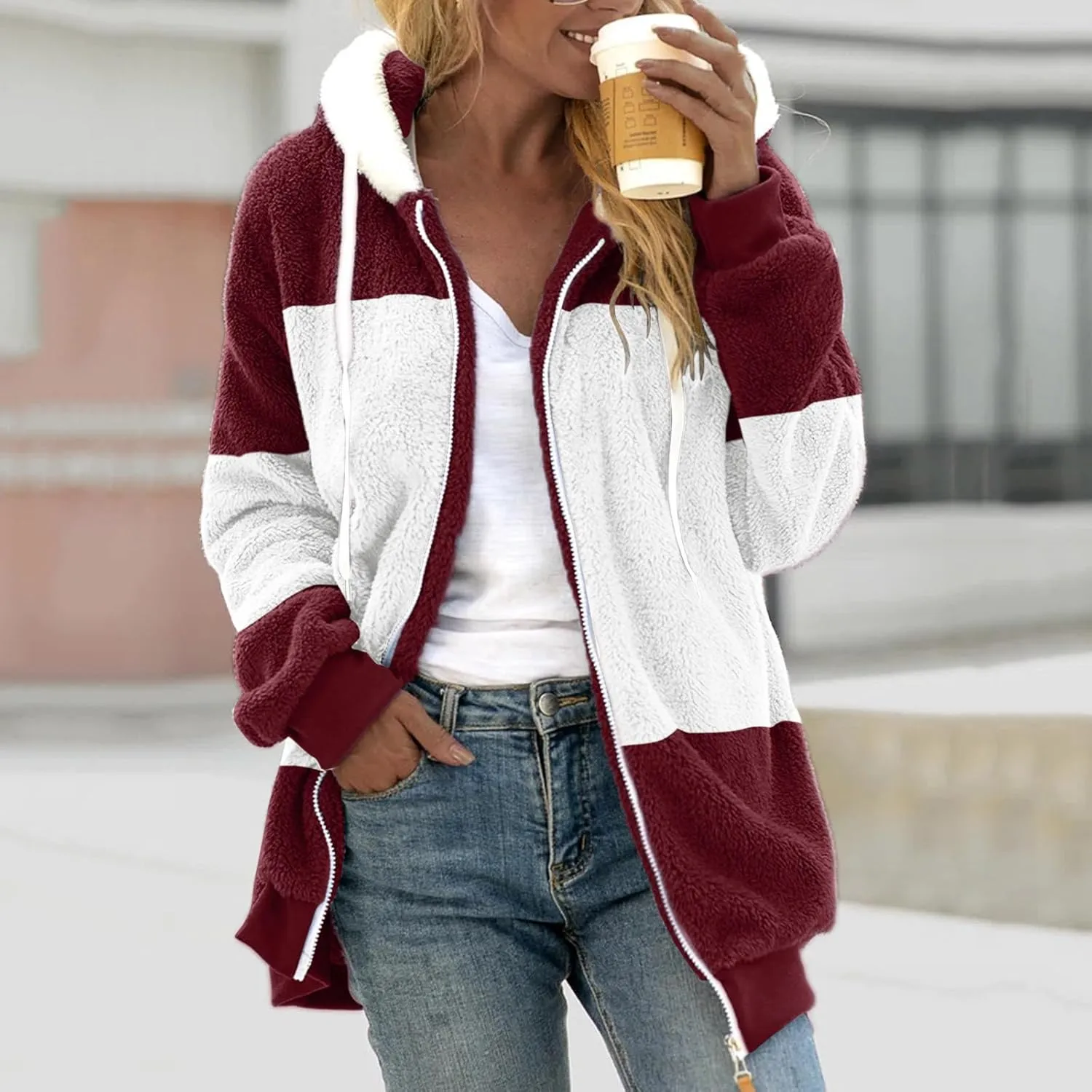 jovati Fleece Jacket Women Zip Up Color Block Hoodie Sweatshirts Long Sleeve Cardigan Fall Clothes 2023 Loose Fit Sweater