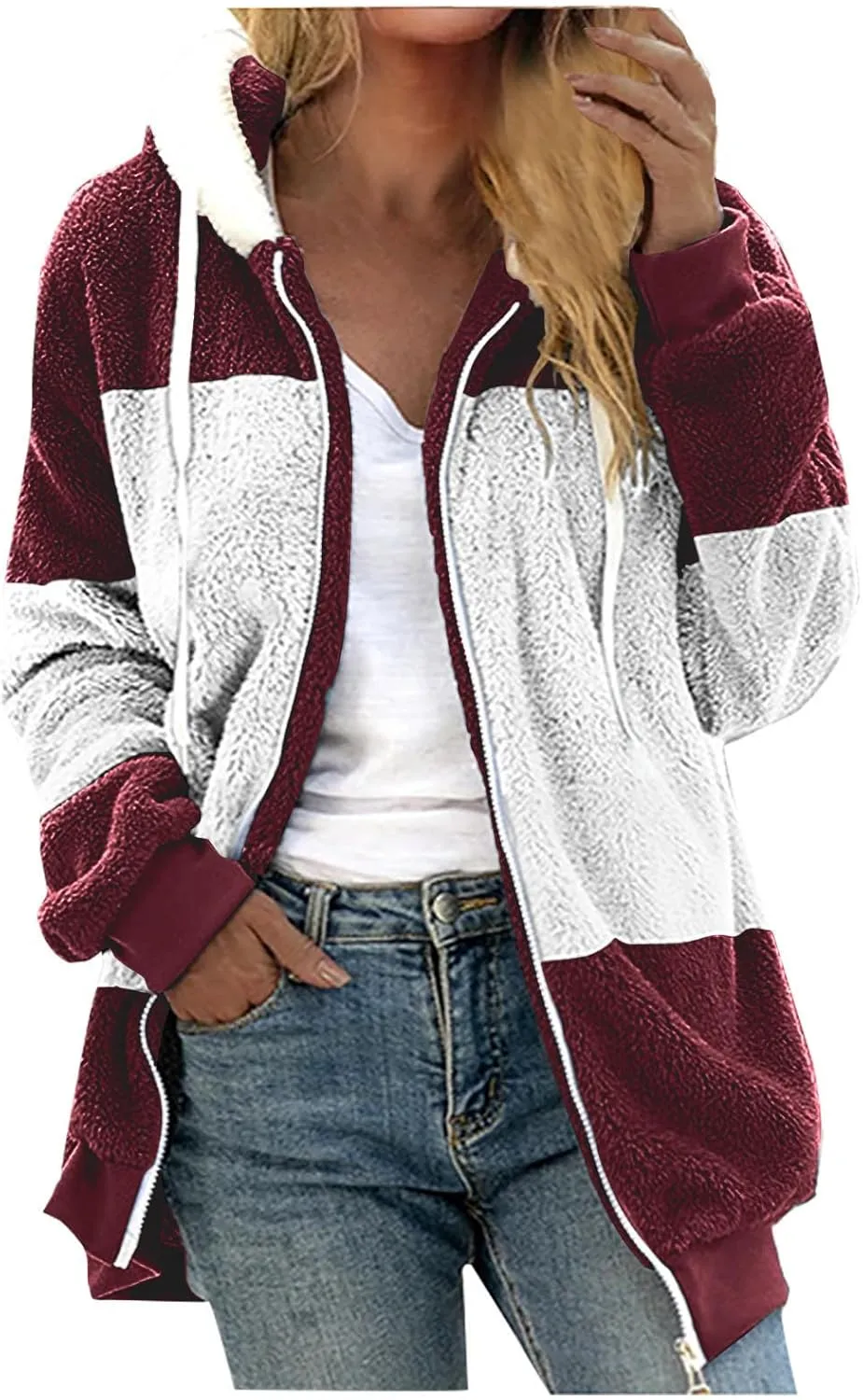 jovati Fleece Jacket Women Zip Up Color Block Hoodie Sweatshirts Long Sleeve Cardigan Fall Clothes 2023 Loose Fit Sweater