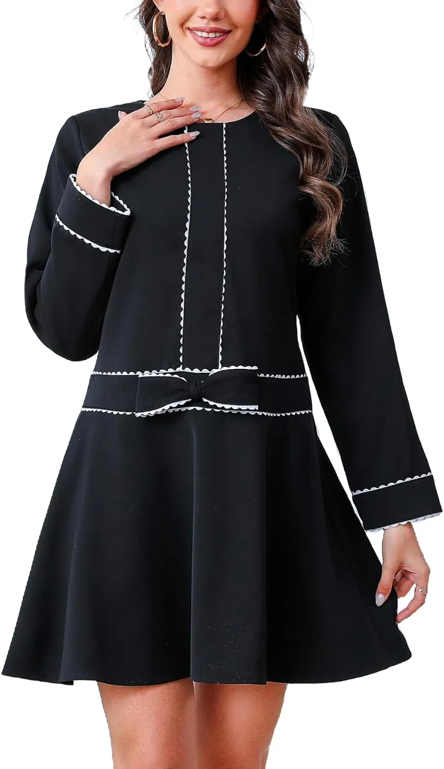 Kedera Women's Bow Mini Dress Long Sleeve Ruffled Dress Crew Neck Lace Dress Elegant Cocktail Party Dress