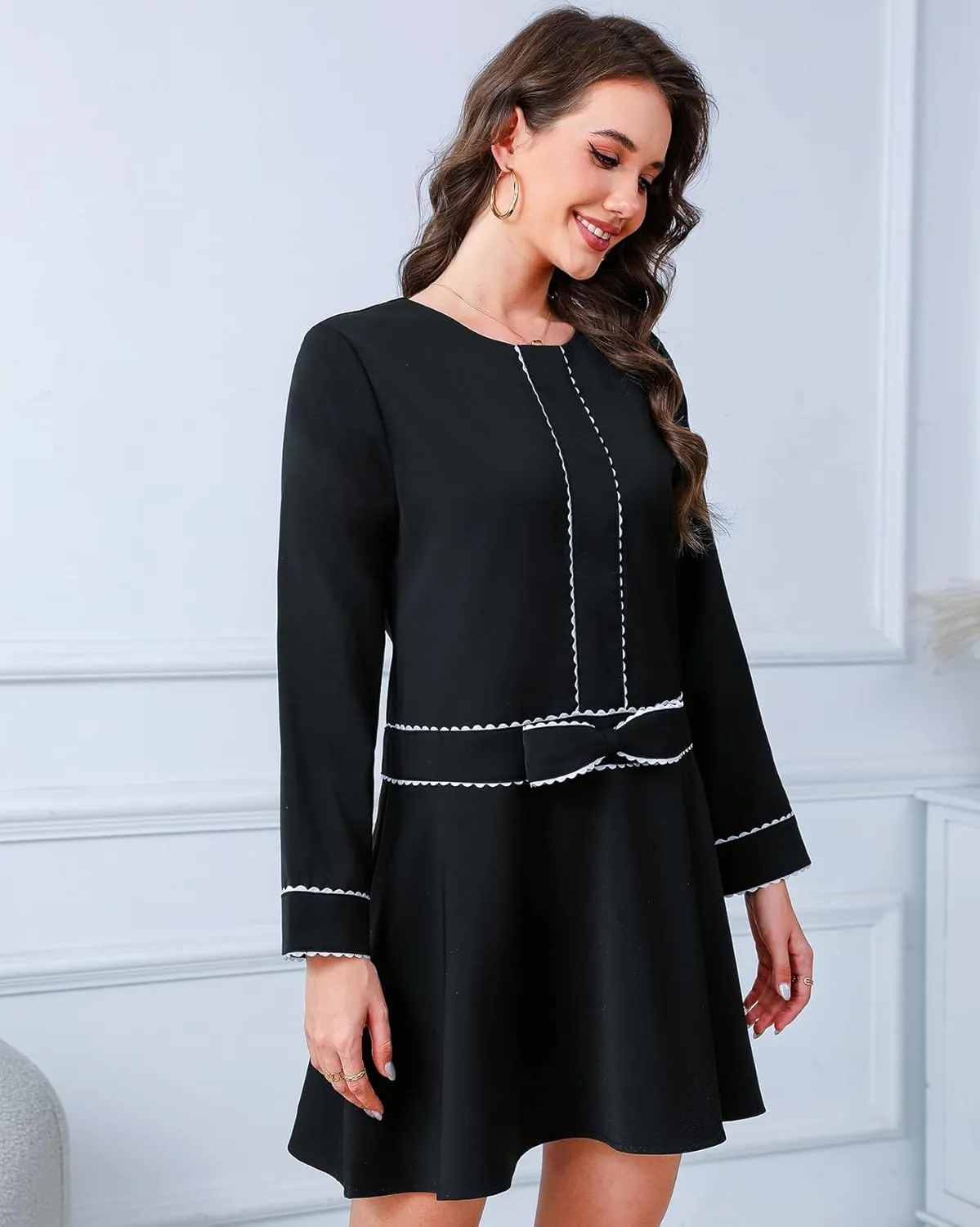 Kedera Women's Bow Mini Dress Long Sleeve Ruffled Dress Crew Neck Lace Dress Elegant Cocktail Party Dress