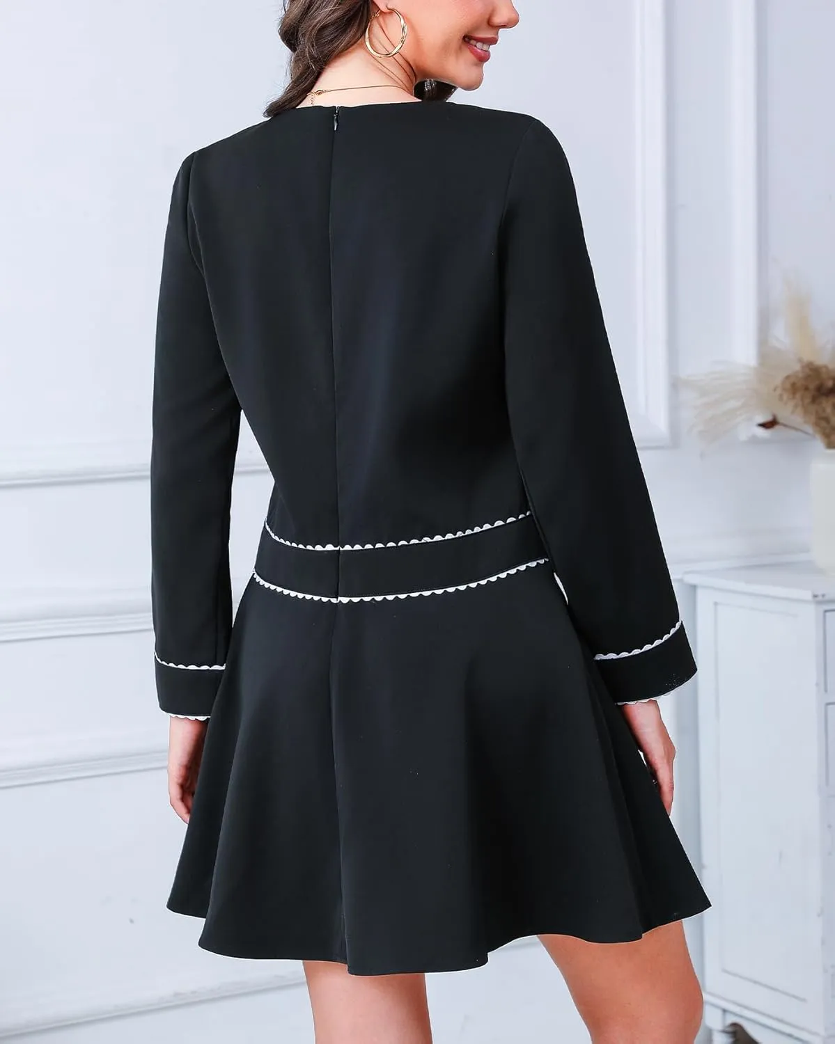 Kedera Women's Bow Mini Dress Long Sleeve Ruffled Dress Crew Neck Lace Dress Elegant Cocktail Party Dress