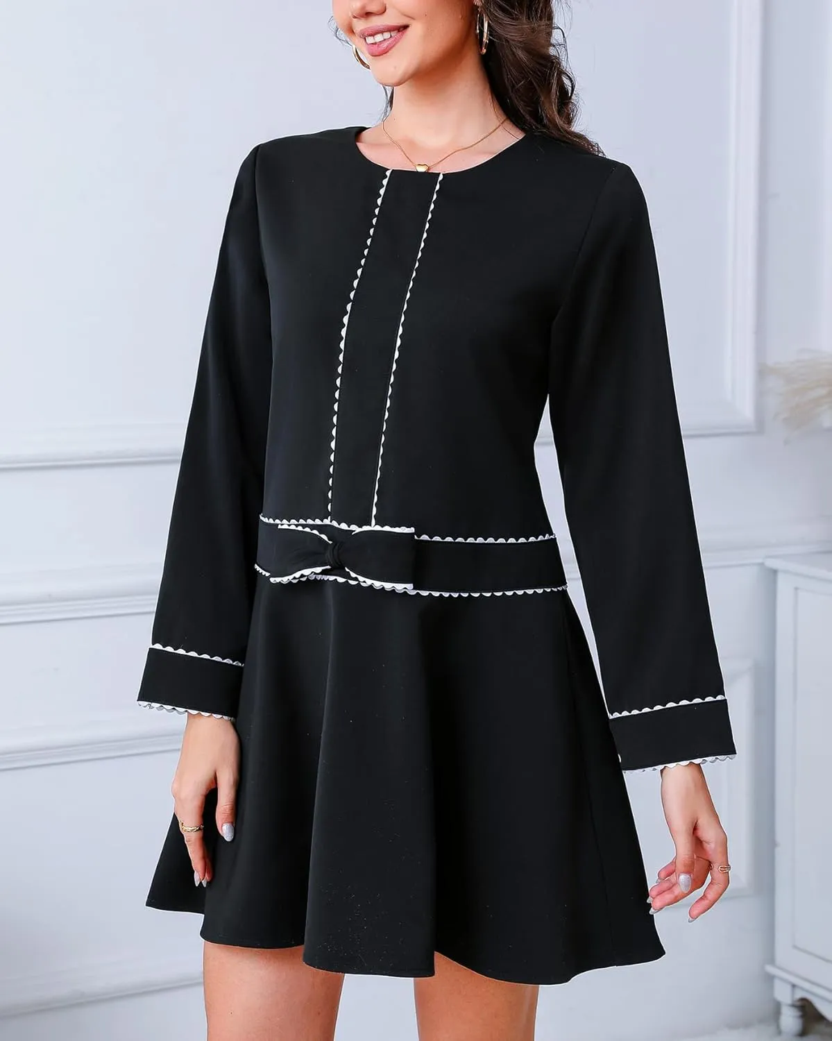 Kedera Women's Bow Mini Dress Long Sleeve Ruffled Dress Crew Neck Lace Dress Elegant Cocktail Party Dress