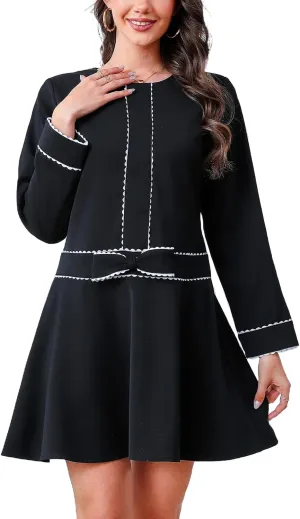 Kedera Women's Bow Mini Dress Long Sleeve Ruffled Dress Crew Neck Lace Dress Elegant Cocktail Party Dress