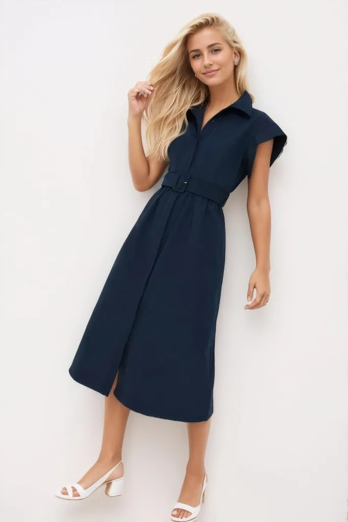Ladyful Women Casual Button Down Shirt Dress Short Wing Sleeve Buiness Midi Shirt Dress with Belt Elegant Dress
