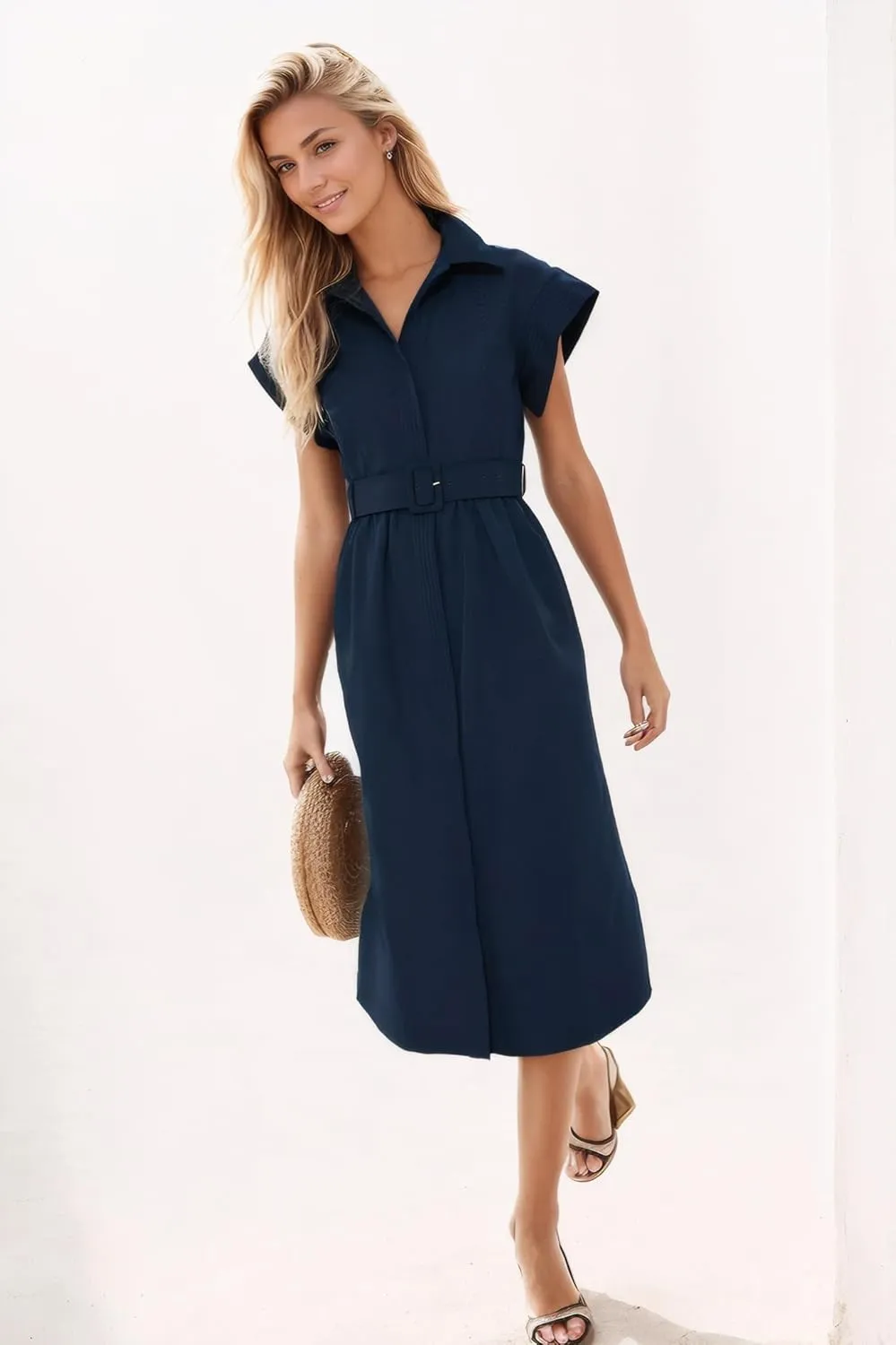 Ladyful Women Casual Button Down Shirt Dress Short Wing Sleeve Buiness Midi Shirt Dress with Belt Elegant Dress