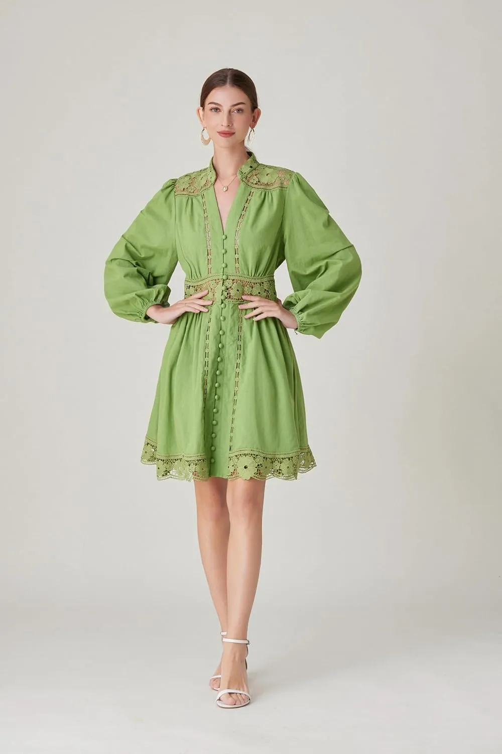 LAI MENG FIVE CATS Women's V-Neck Elegant Lace Long Sleeve Lantern Sleeve Button up Casual Mini Dress